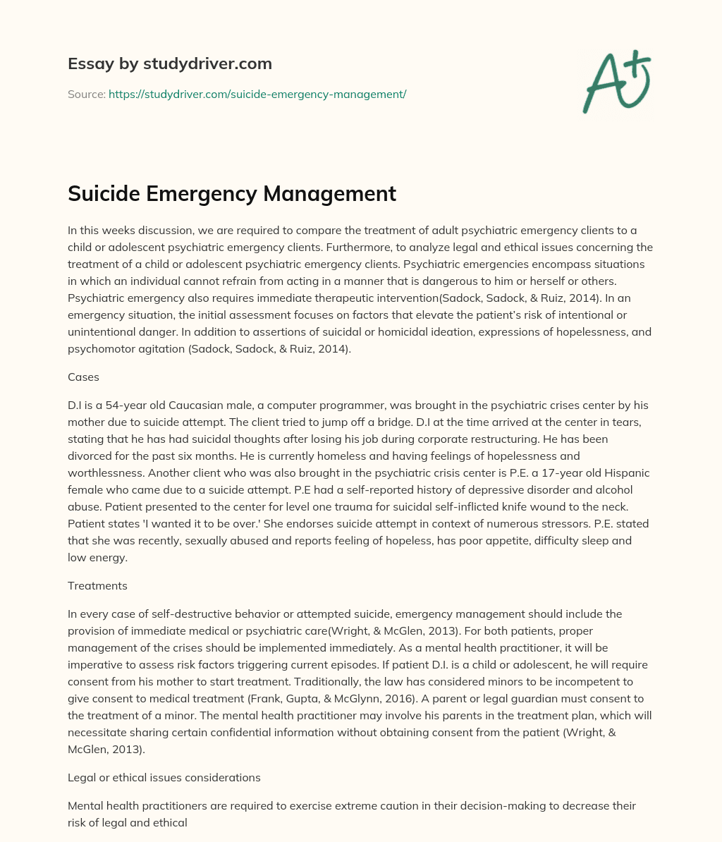 Suicide Emergency Management essay