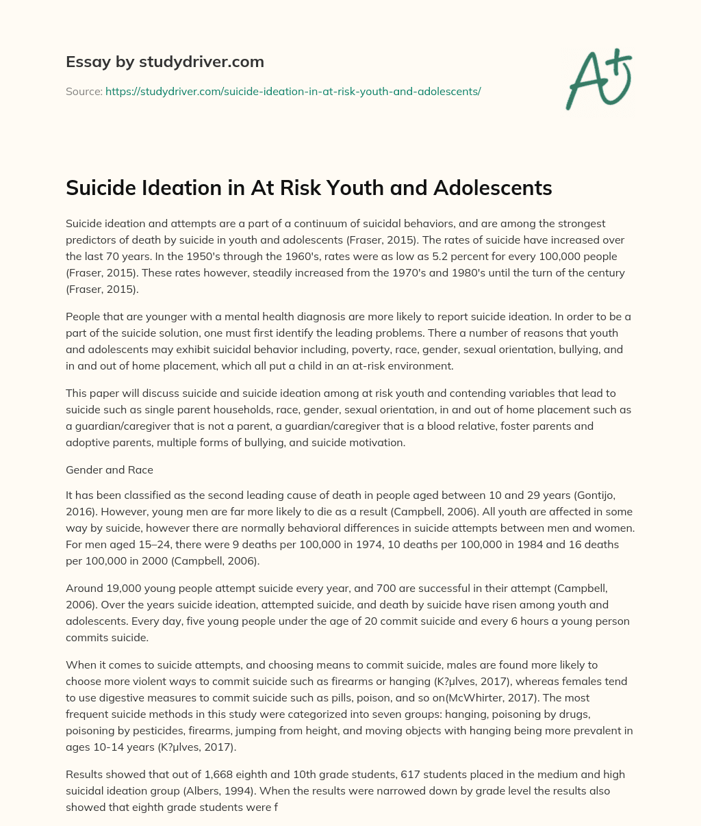 Suicide Ideation in at Risk Youth and Adolescents essay