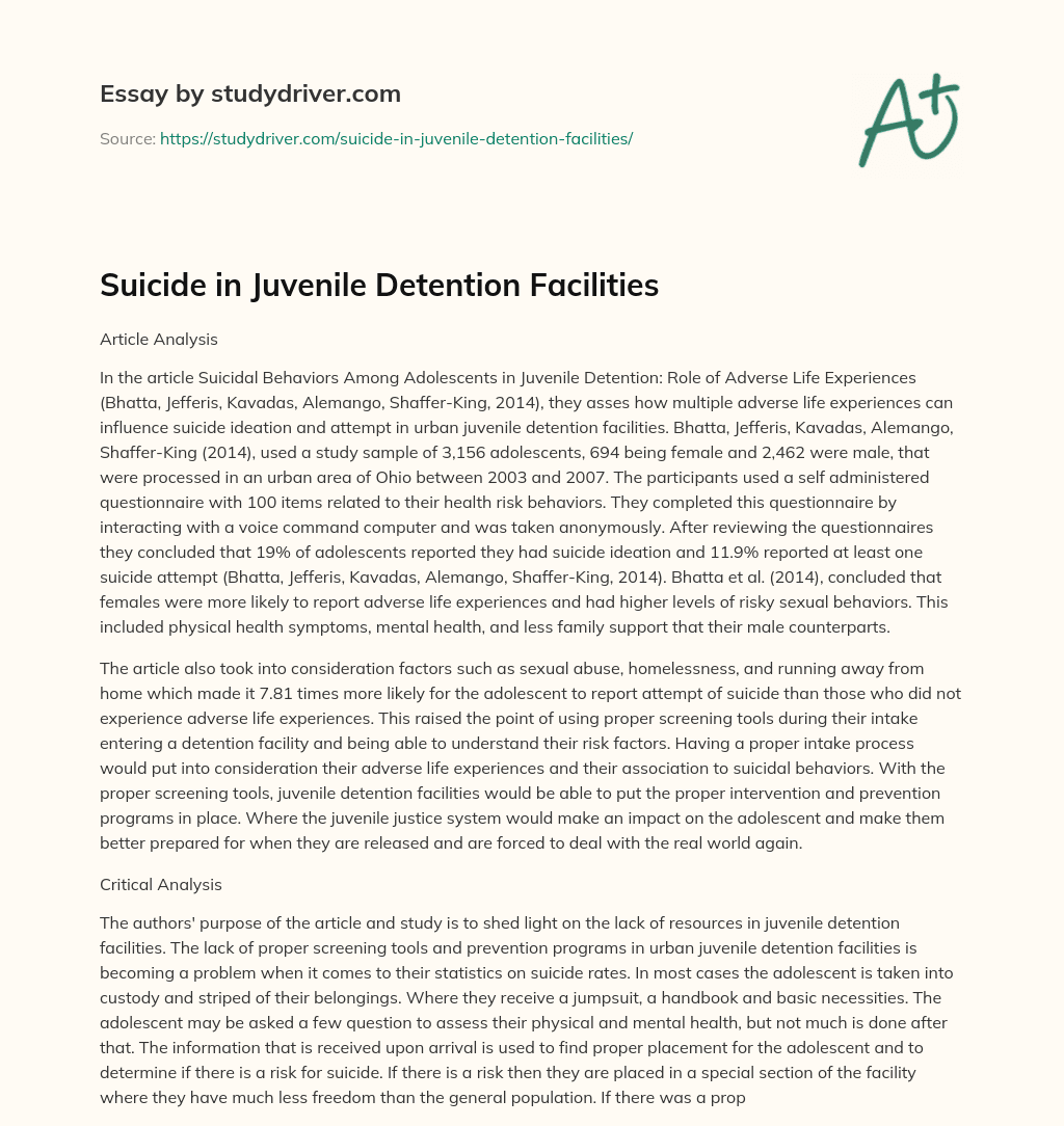 Suicide in Juvenile Detention Facilities essay