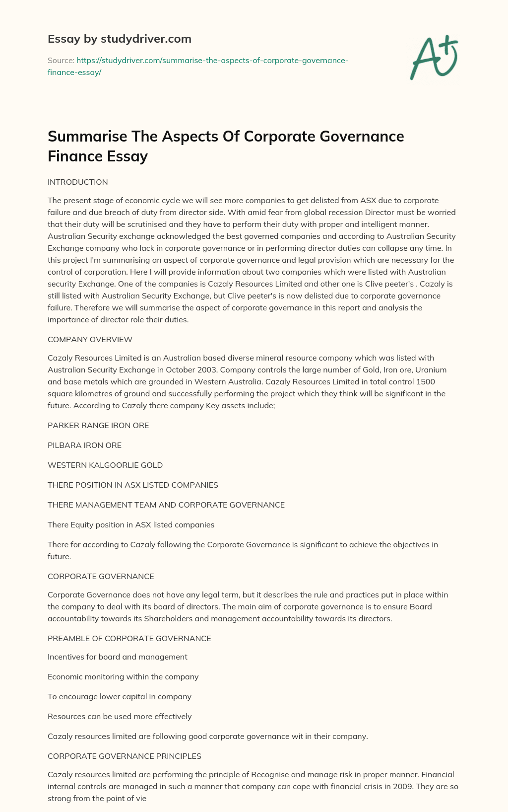 Summarise the Aspects of Corporate Governance Finance Essay essay