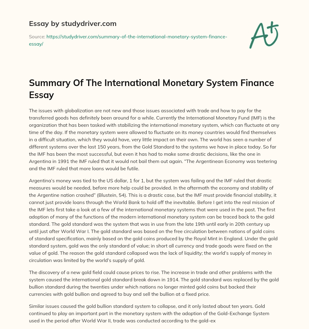 Summary of the International Monetary System Finance Essay essay