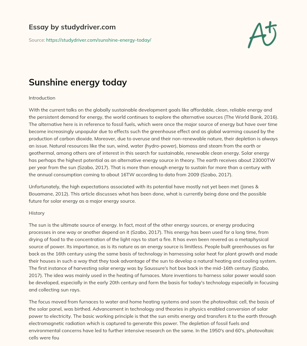 Sunshine Energy Today essay