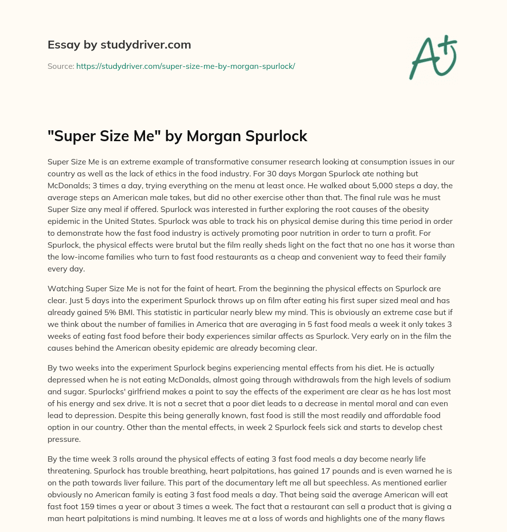 “Super Size Me” by Morgan Spurlock essay