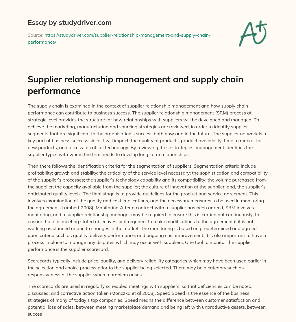 Supplier Relationship Management and Supply Chain Performance essay