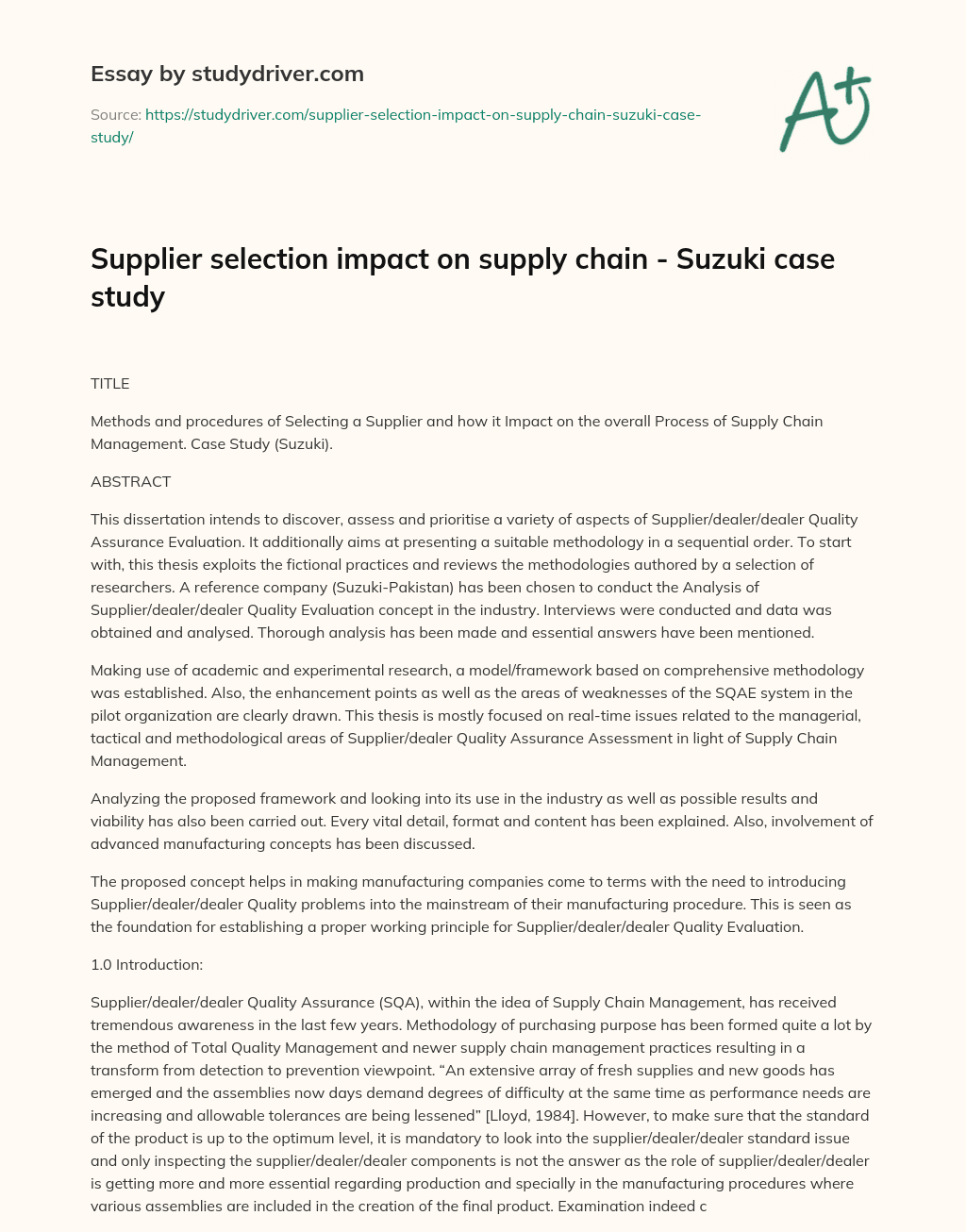 Supplier Selection Impact on Supply Chain – Suzuki Case Study essay