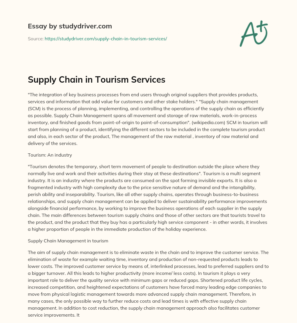 Supply Chain in Tourism Services essay