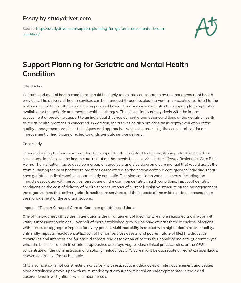 Support Planning for Geriatric and Mental Health Condition essay