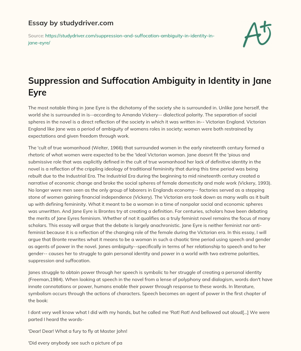 Suppression and Suffocation Ambiguity in Identity in Jane Eyre essay