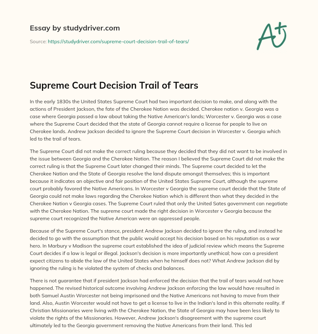 Supreme Court Decision Trail of Tears essay