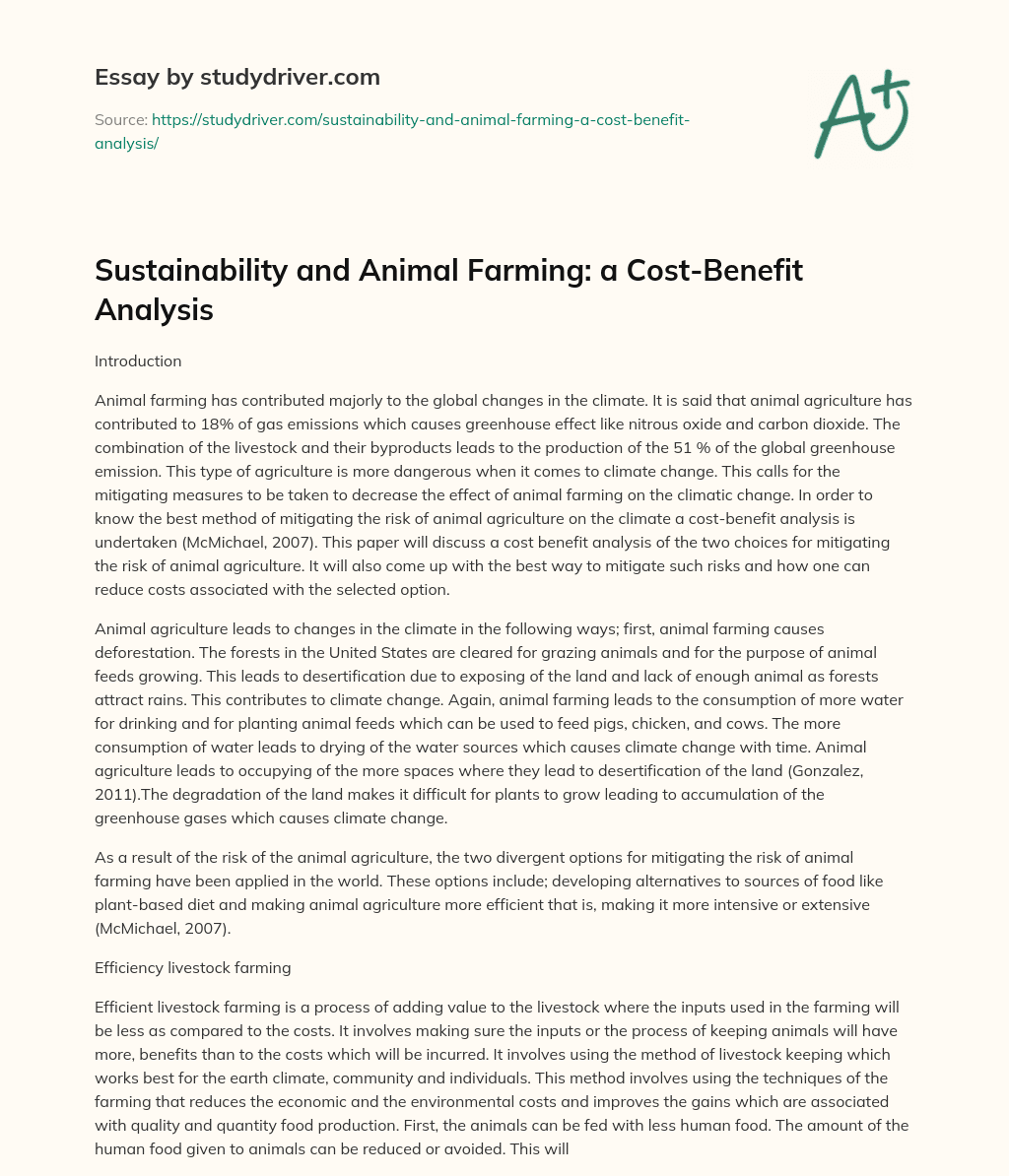 Sustainability and Animal Farming: a Cost-Benefit Analysis essay