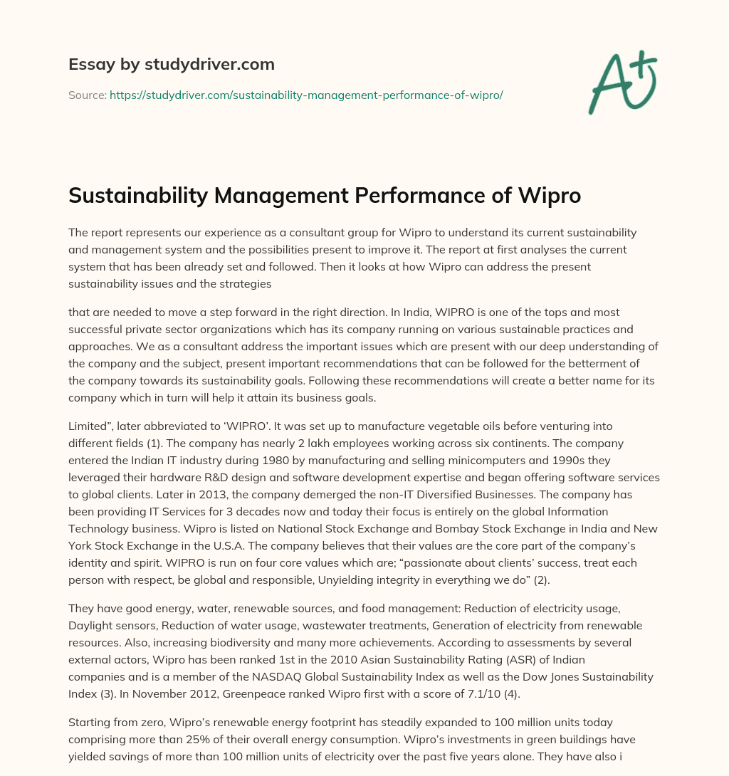 Sustainability Management Performance of Wipro essay