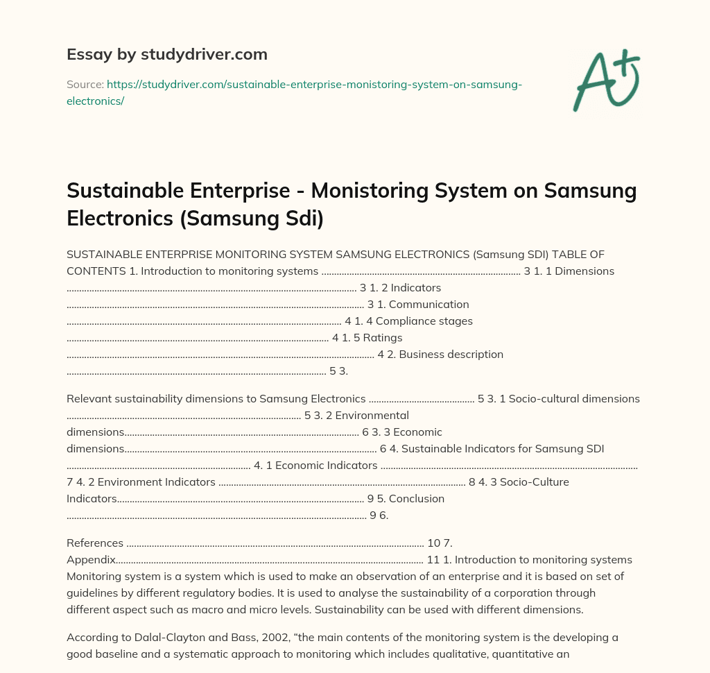 Sustainable Enterprise – Monistoring System on Samsung Electronics (Samsung Sdi) essay