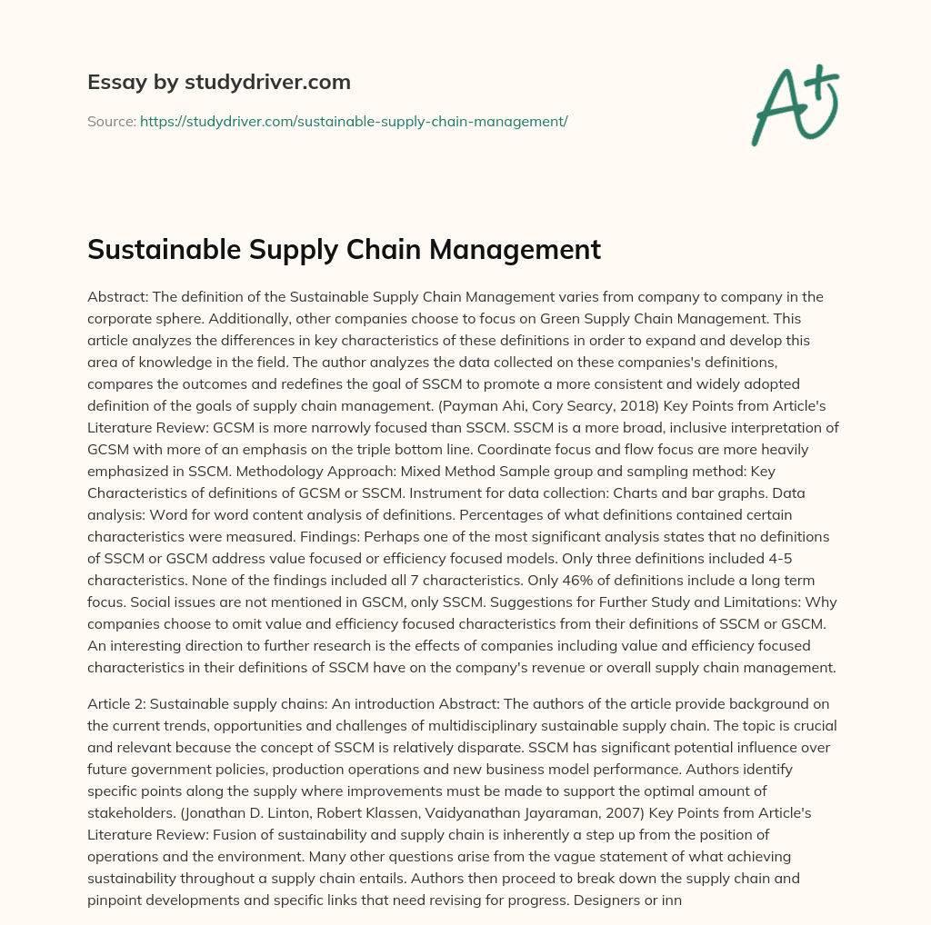 Sustainable Supply Chain Management essay