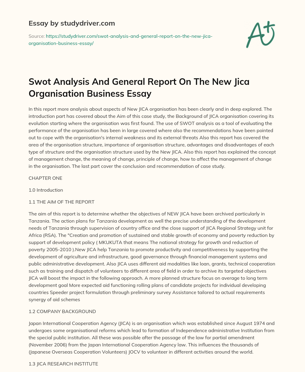 Swot Analysis and General Report on the New Jica Organisation Business Essay essay