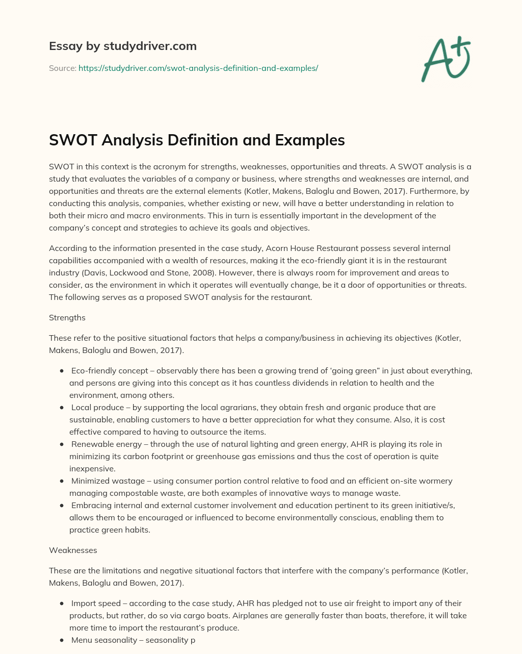 SWOT Analysis Definition and Examples essay