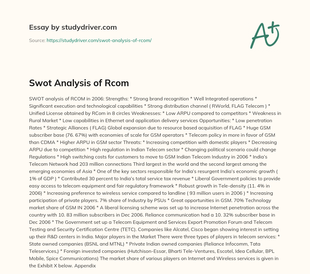 Swot Analysis of Rcom essay