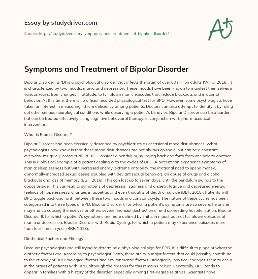 Symptoms and Treatment of Bipolar Disorder essay