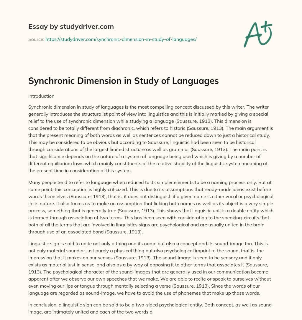 Synchronic Dimension in Study of Languages essay