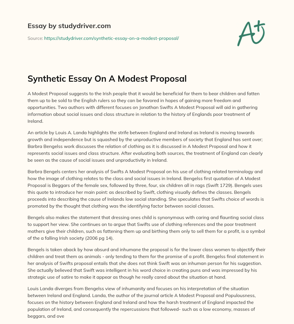 Synthetic Essay on a Modest Proposal essay