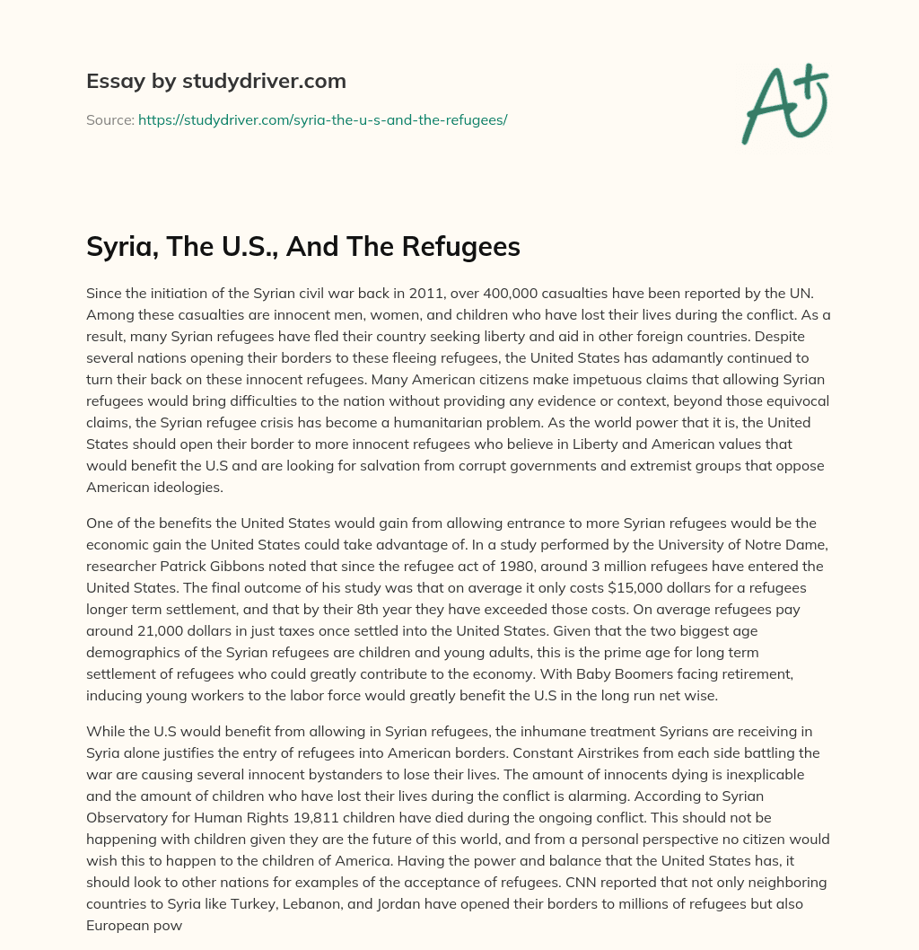 Syria, the U.S., and the Refugees essay