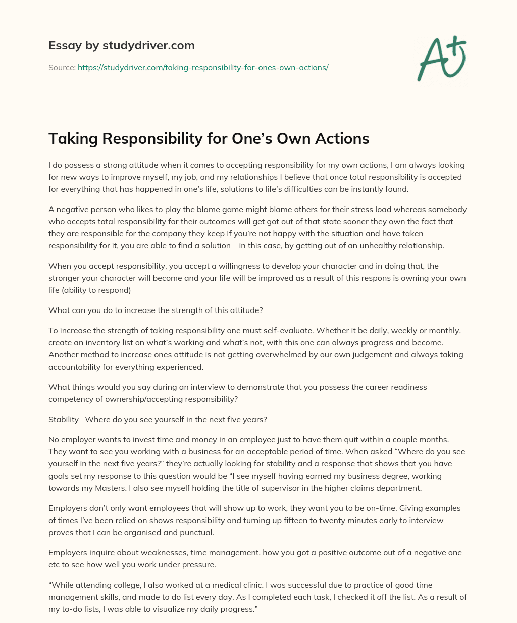 Taking Responsibility for One’s own Actions essay