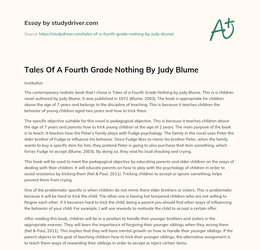 Tales of a Fourth Grade Nothing by Judy Blume essay