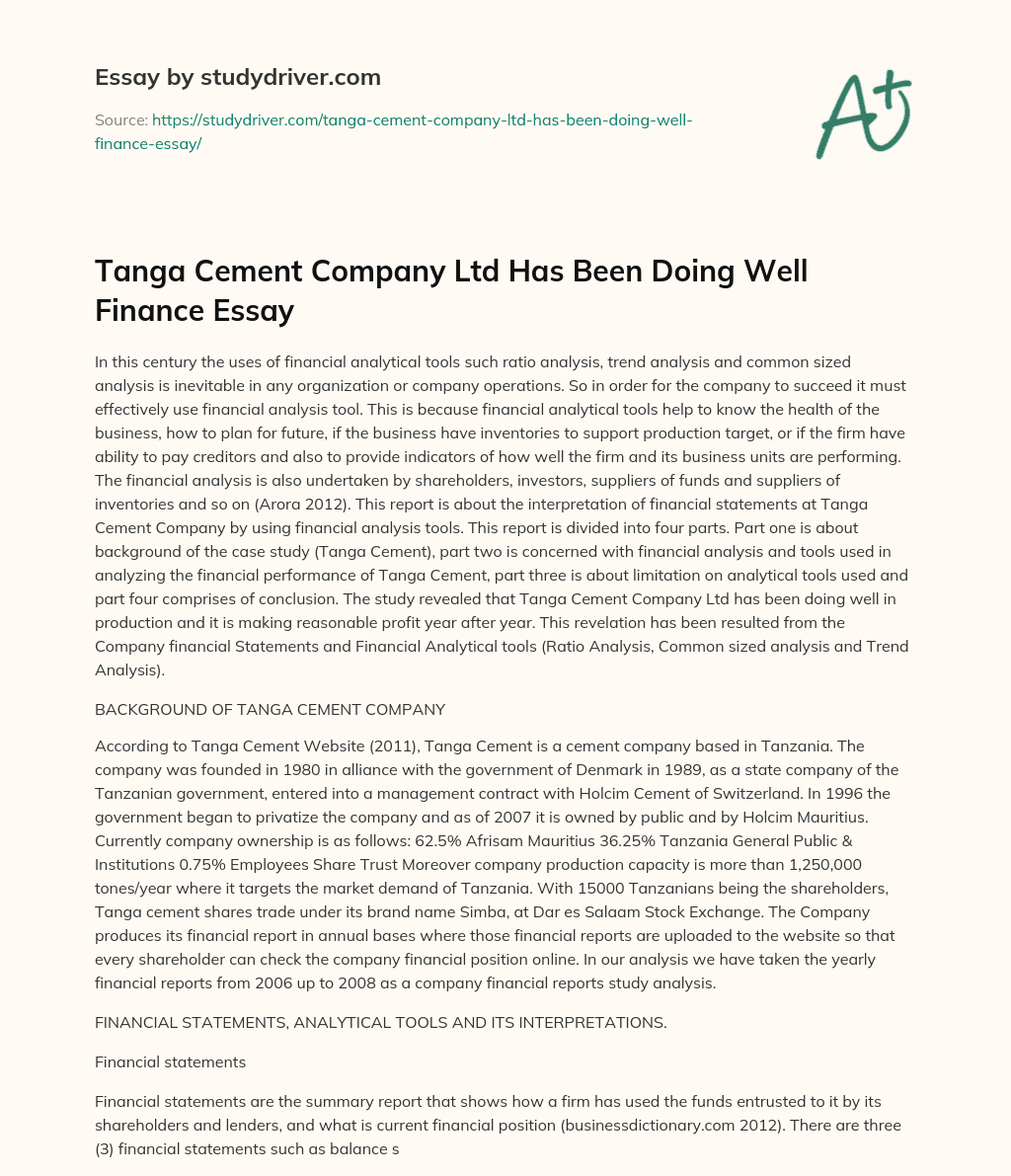 Tanga Cement Company Ltd has been doing Well Finance Essay essay