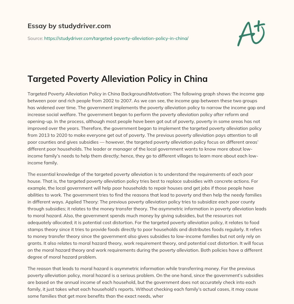 Targeted Poverty Alleviation Policy in China essay