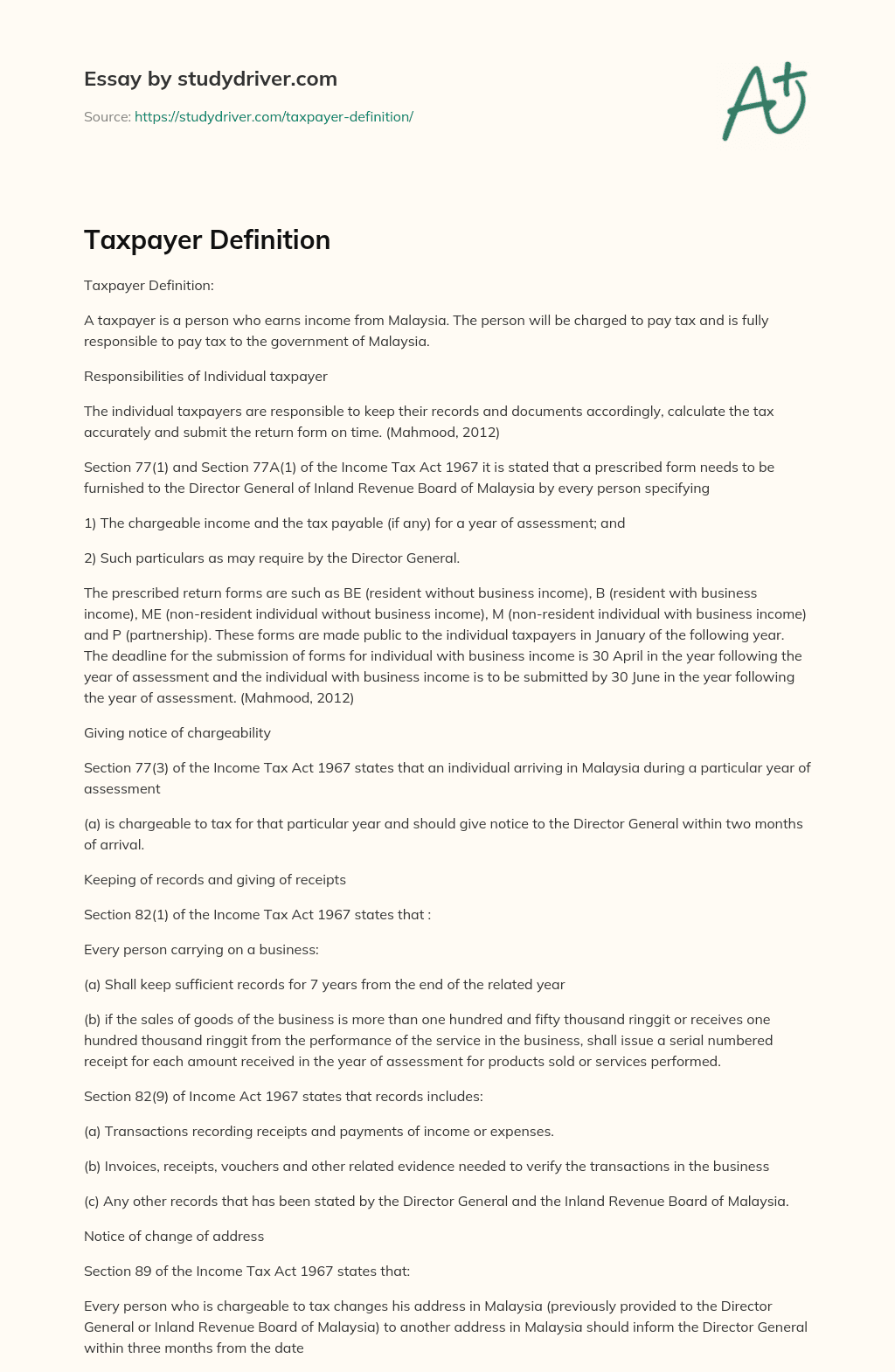 Taxpayer Definition essay