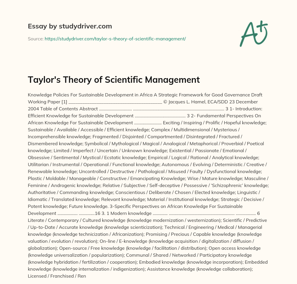 Taylor’s Theory of Scientific Management essay