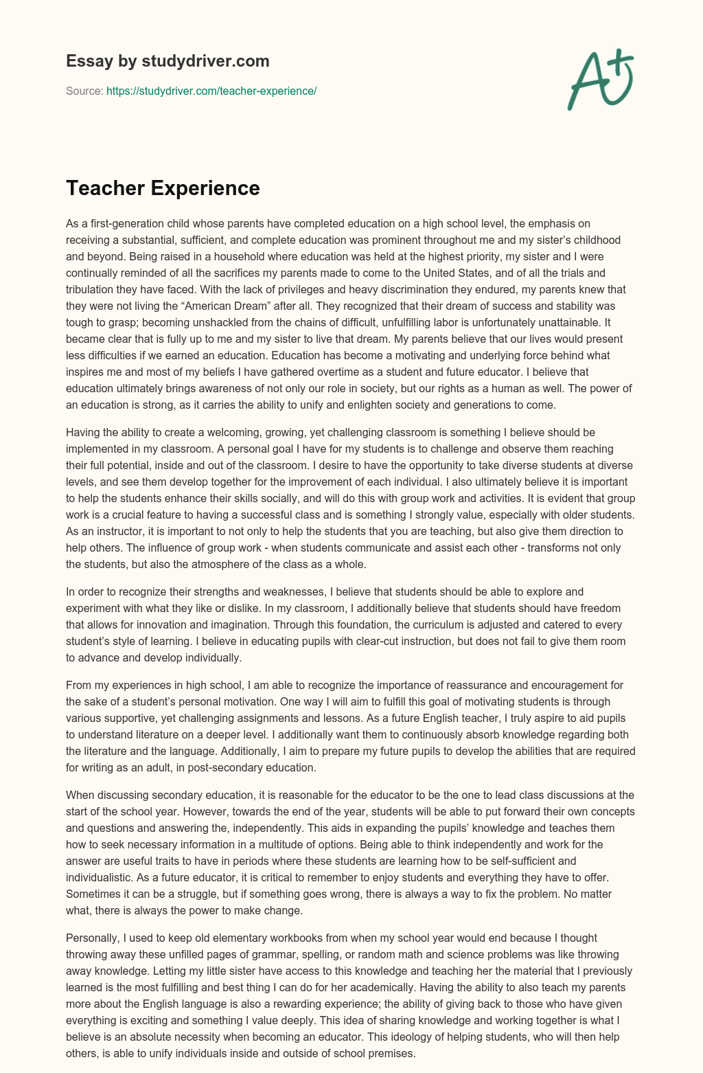 Teacher Experience essay