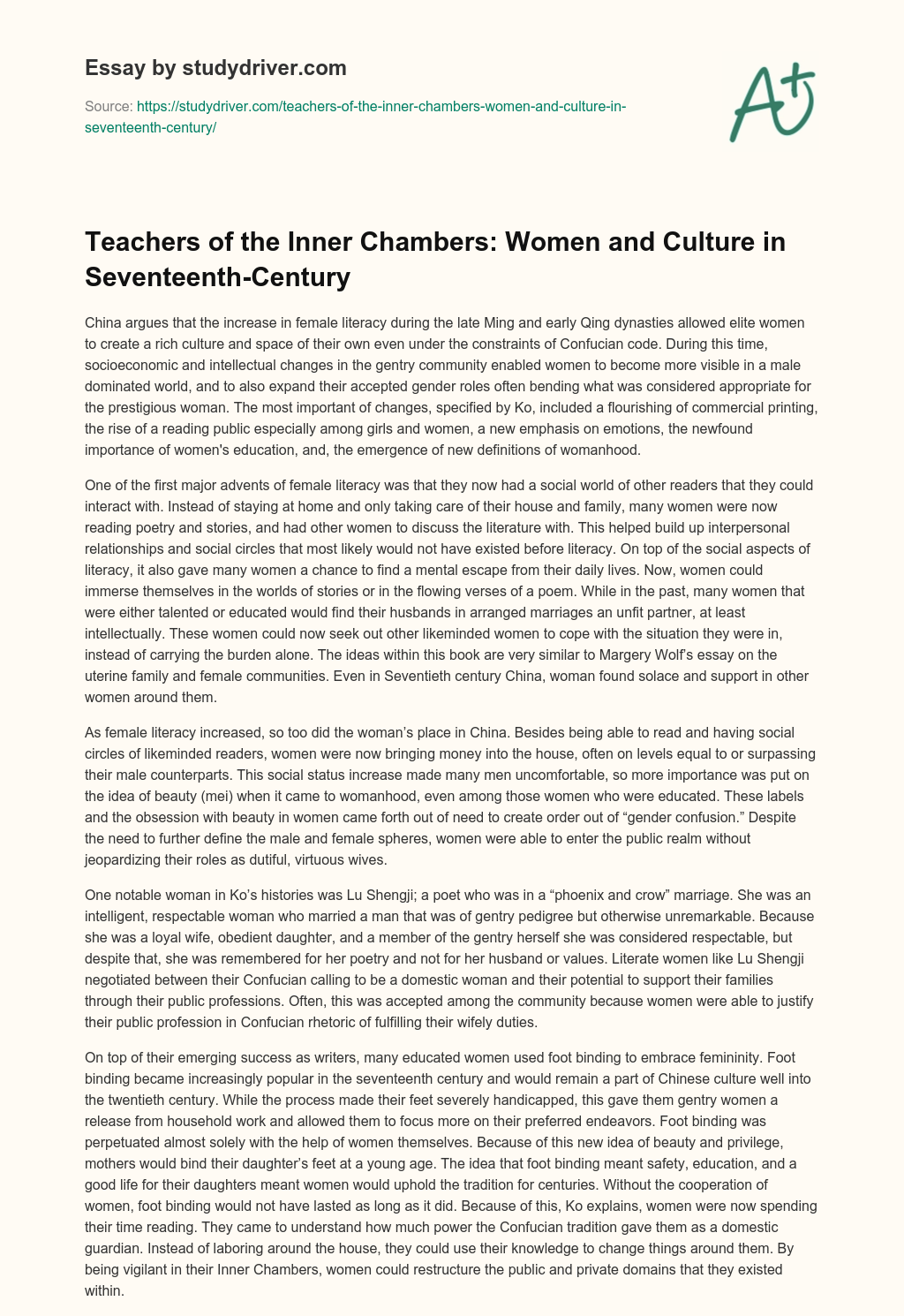 Teachers of the Inner Chambers: Women and Culture in Seventeenth-Century essay