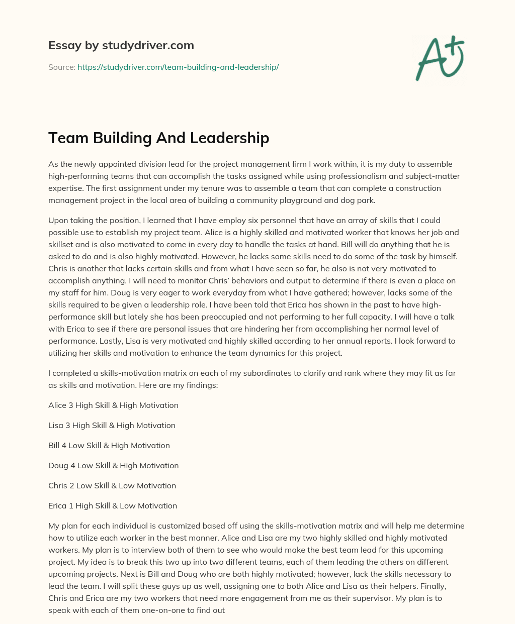 Team Building and Leadership essay