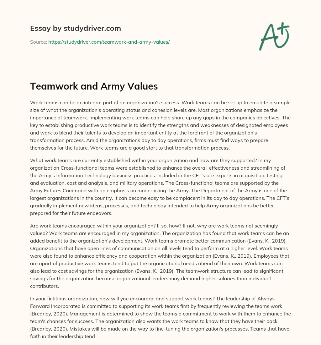 Teamwork and Army Values essay