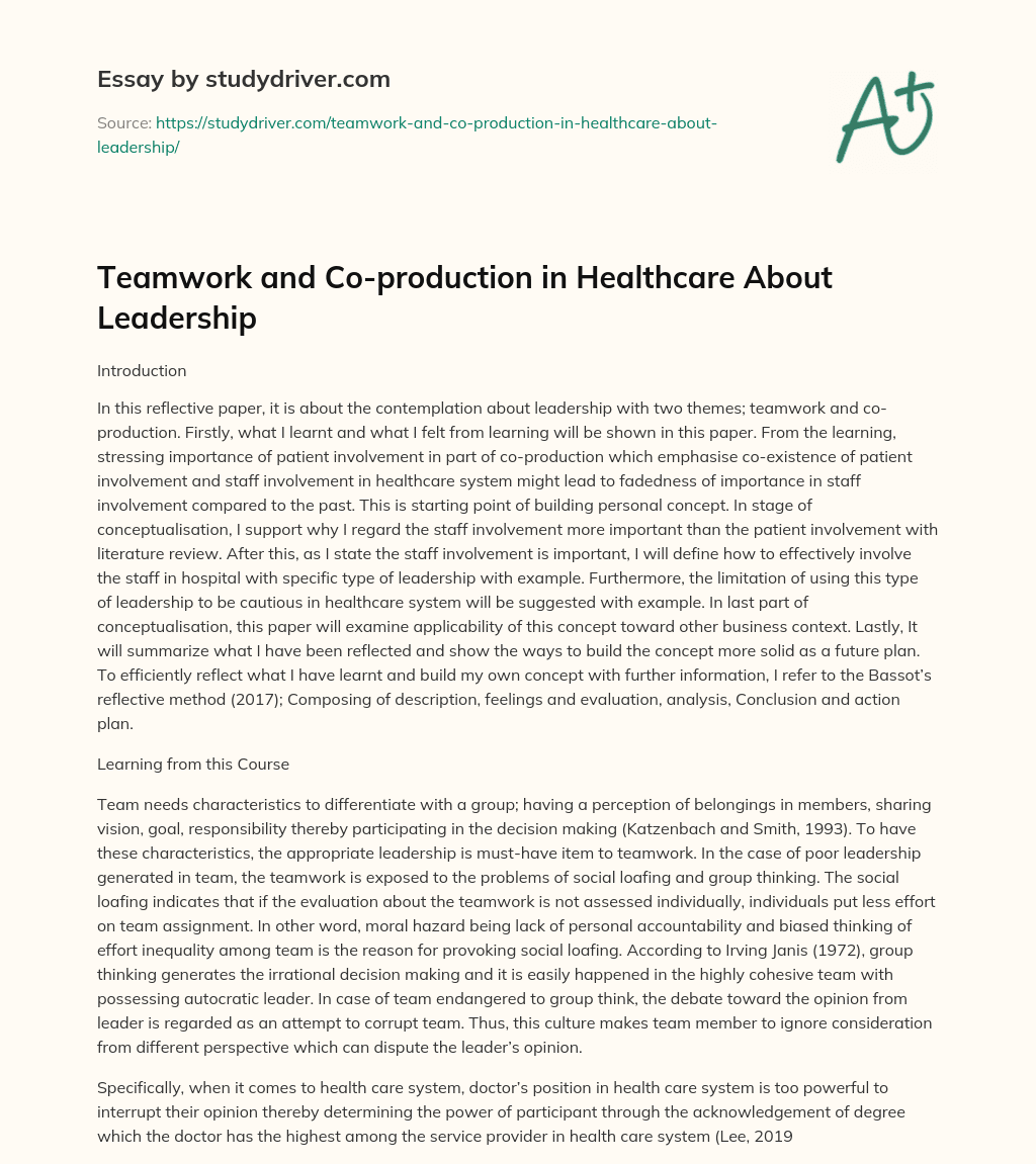 Teamwork and Co-production in Healthcare about Leadership essay