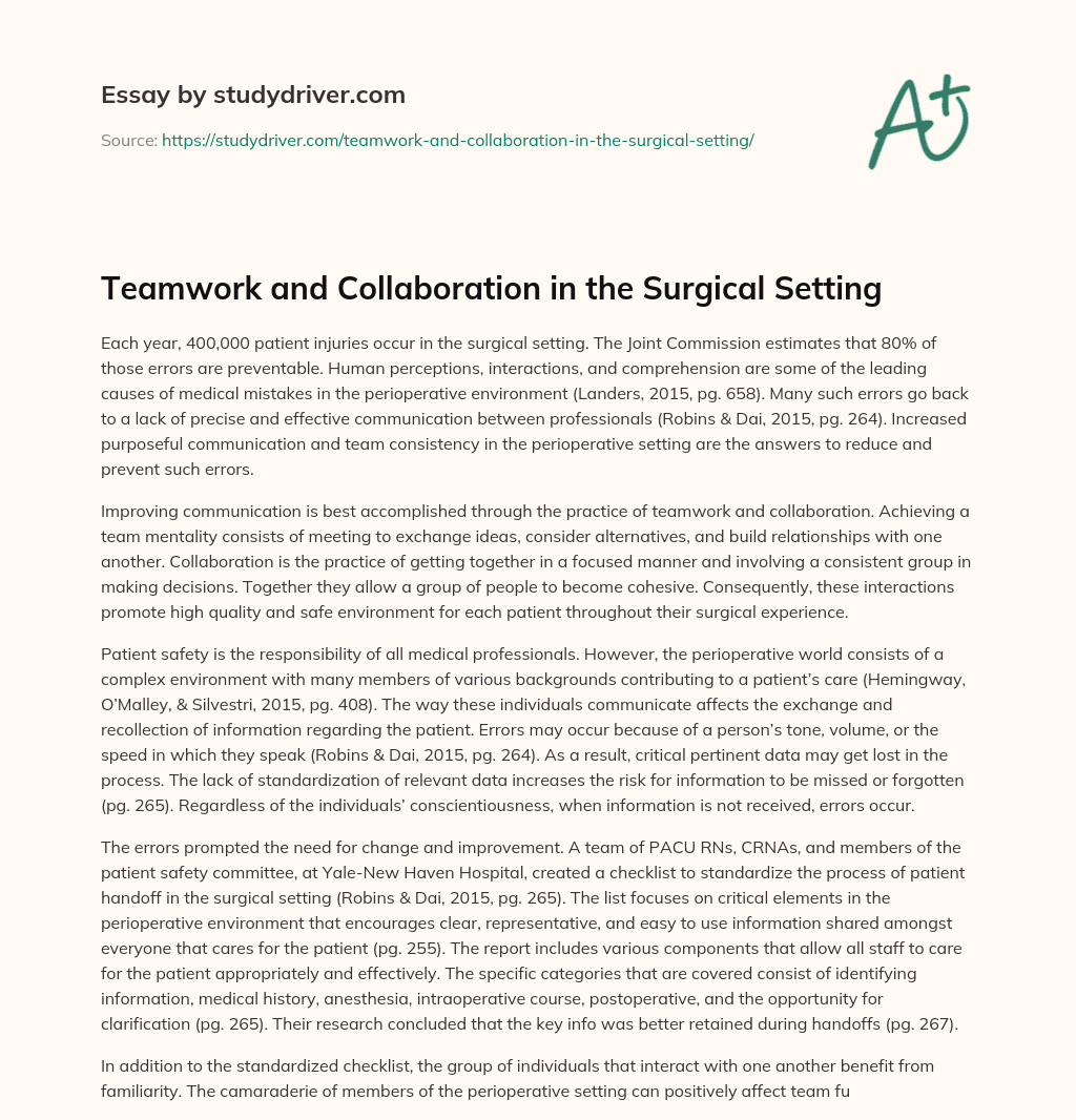 Teamwork and Collaboration in the Surgical Setting essay