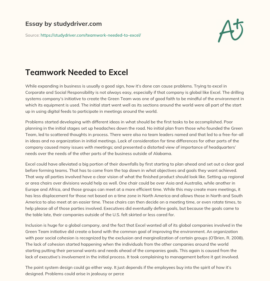 Teamwork Needed to Excel essay