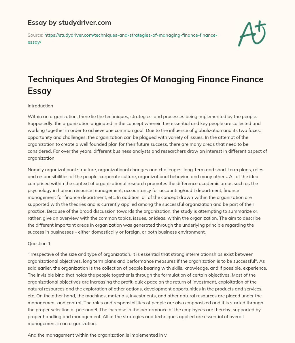 Techniques and Strategies of Managing Finance Finance Essay essay