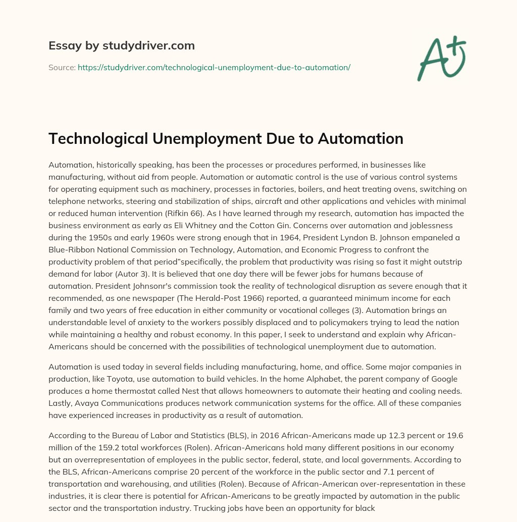 Technological Unemployment Due to Automation essay