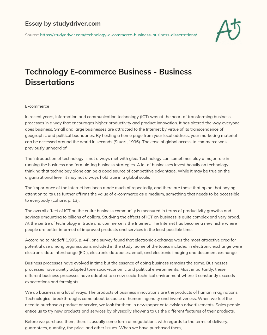 Technology E-commerce Business – Business Dissertations essay