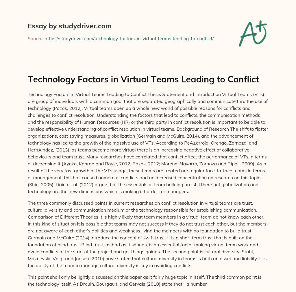 Technology Factors in Virtual Teams Leading to Conflict essay