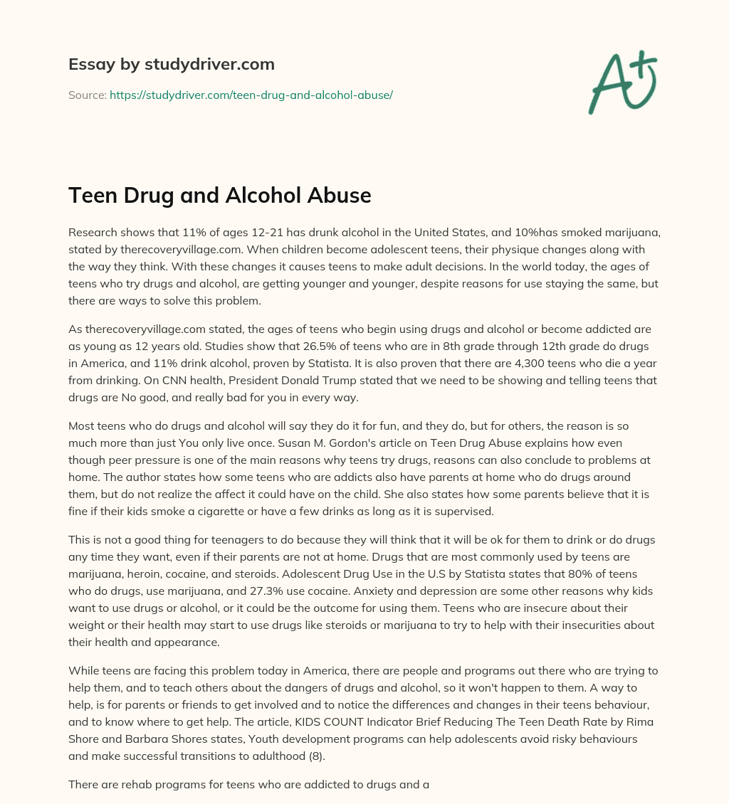 Teen Drug and Alcohol Abuse essay