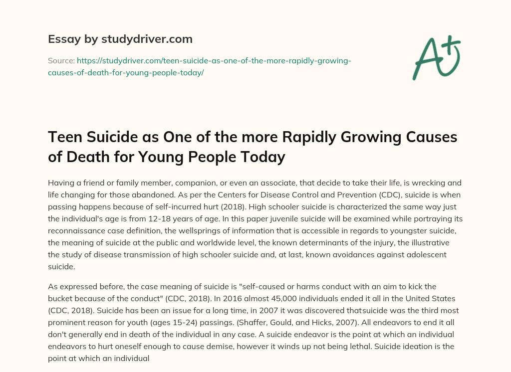 Teen Suicide as One of the more Rapidly Growing Causes of Death for Young People Today essay
