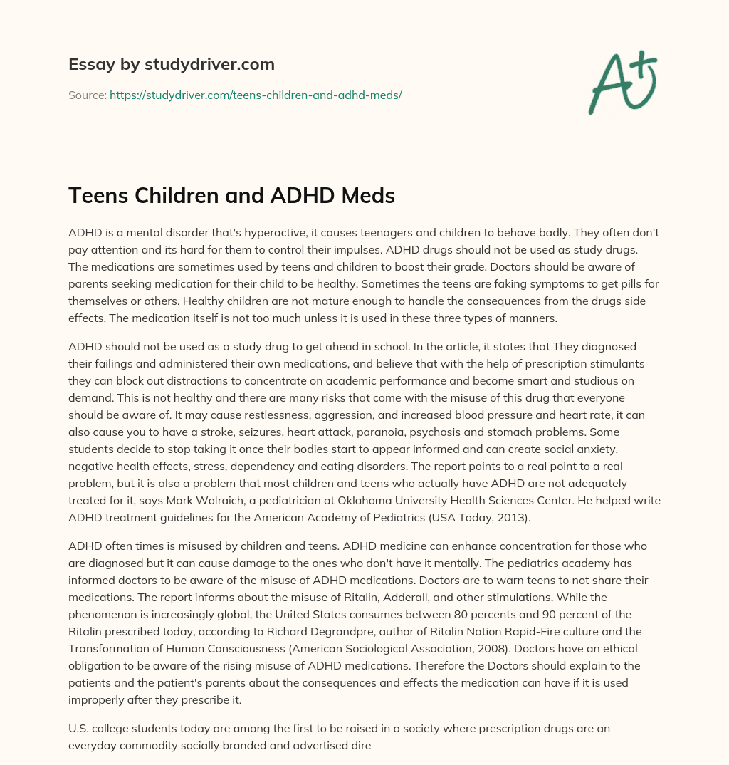 Teens Children and ADHD Meds essay