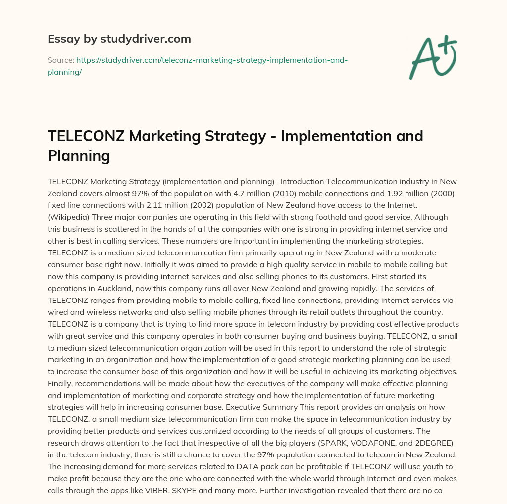 TELECONZ Marketing Strategy – Implementation and Planning essay