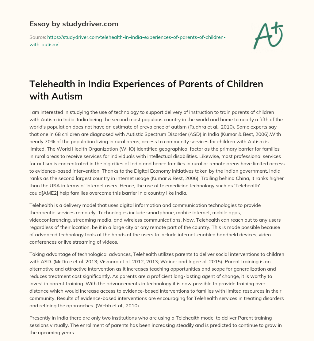 Telehealth in India Experiences of Parents of Children with Autism essay