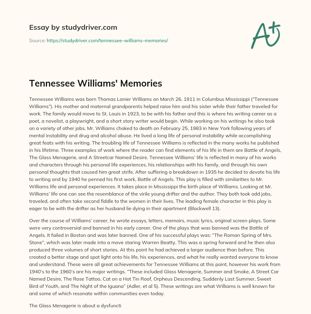 Tennessee Williams’ Memories essay