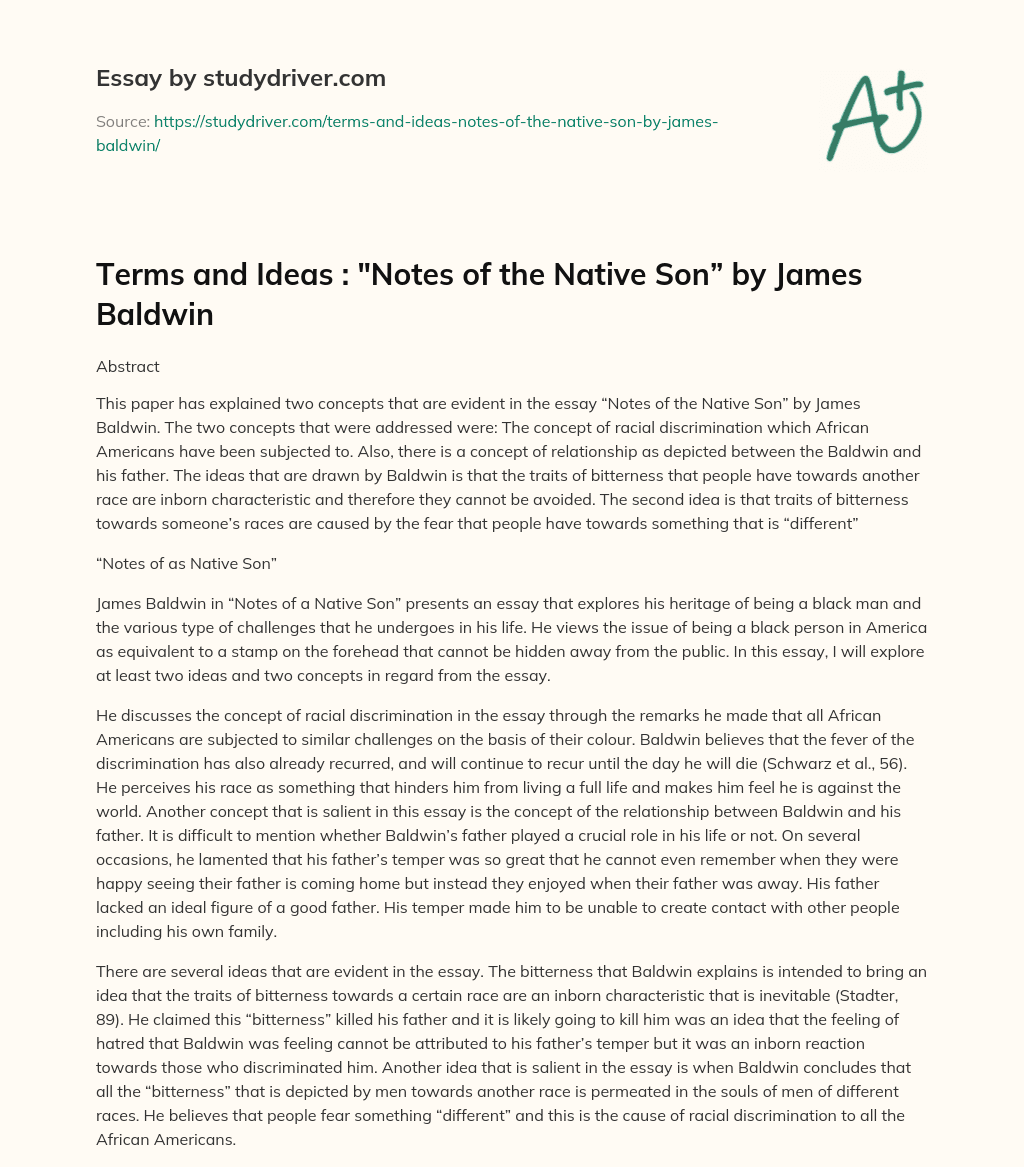 Terms and Ideas : “Notes of the Native Son” by James Baldwin essay