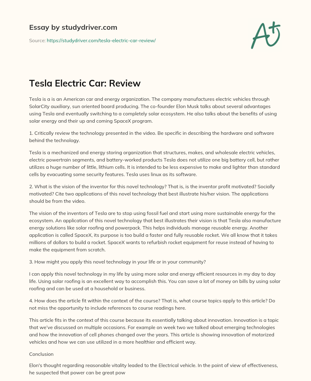 Tesla Electric Car: Review essay