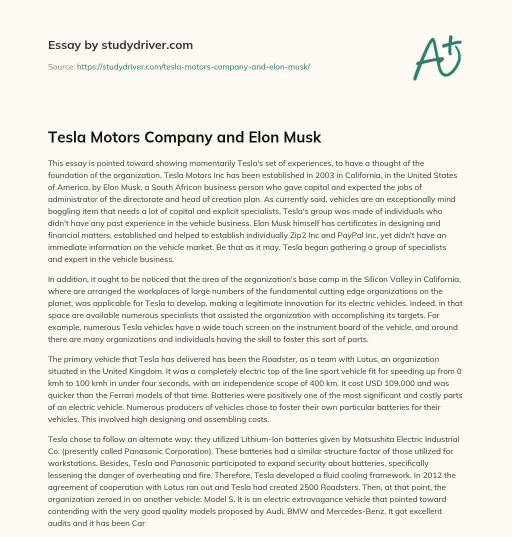 Tesla Motors Company and Elon Musk essay